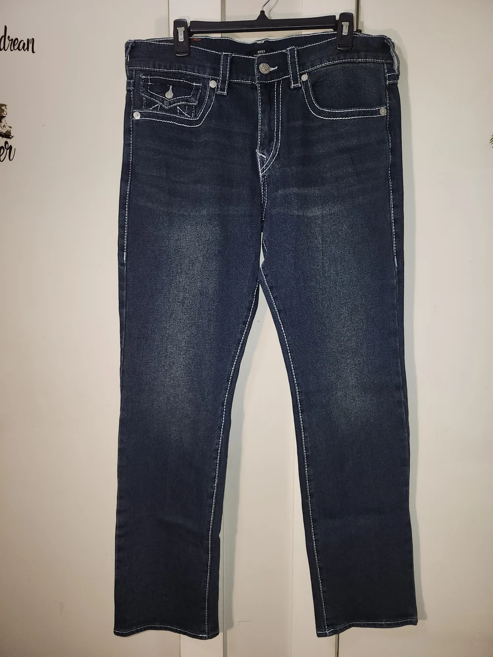 True Religion Men's Straight Jeans in Dark Blue with White Stitching